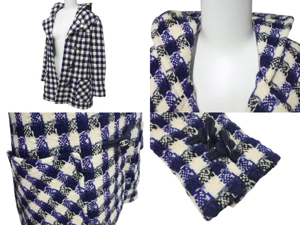 CHANEL Duffle coat P29308V19352 Size 38 Here mark Hooded Plaid pattern Blue Black White Good condition Used 4c075094