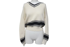 Very Good Condition CHANEL Childen Knit Sweater P60639K46411 Size 34 Here Mark V Neck Beige Black Used 4c075095