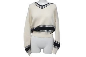 Very Good Condition CHANEL Childen Knit Sweater P60639K46411 Size 34 Here Mark V Neck Beige Black Used 4c075095