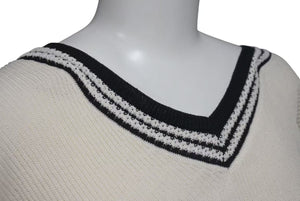 Very Good Condition CHANEL Childen Knit Sweater P60639K46411 Size 34 Here Mark V Neck Beige Black Used 4c075095