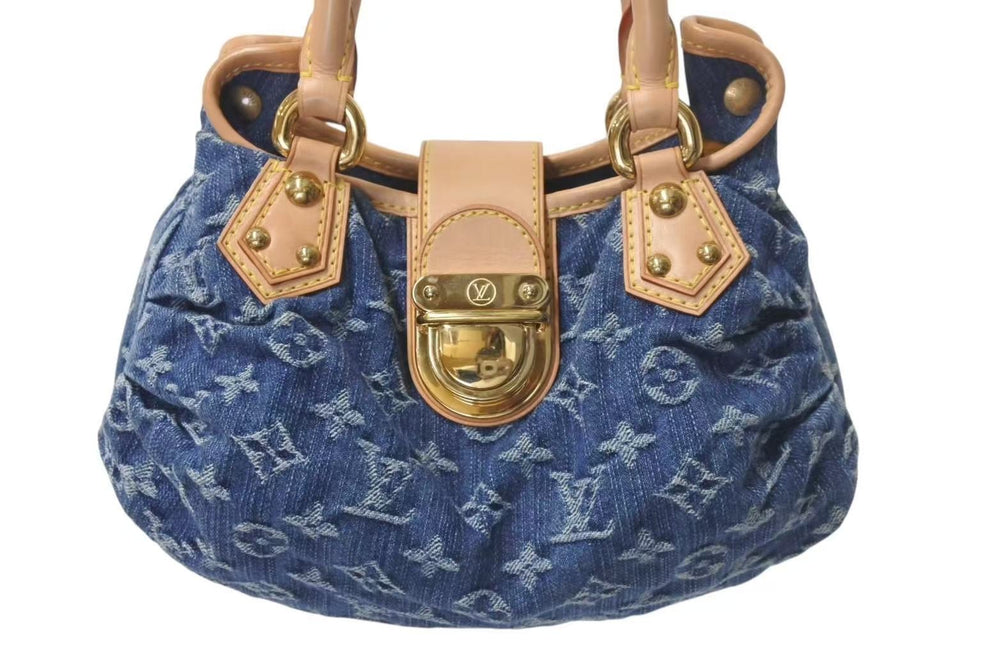 新品同様 LOUIS VUITTON ルイヴィトン モノグラムデニム ミニプリーティ PM ハンドバッグ M95020 レザー ブルー 中古 4c075247