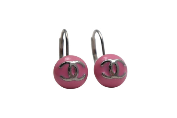 CHANEL Coco Mark Earrings Accessory Button 03C Engraved Metal Silver Pink Good Condition Used 4c075473