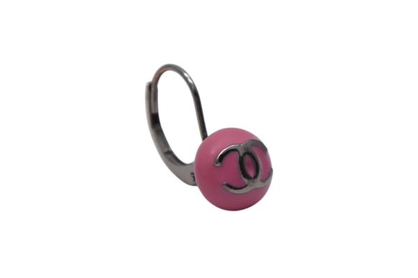 CHANEL Coco Mark Earrings Accessory Button 03C Engraved Metal Silver Pink Good Condition Used 4c075473