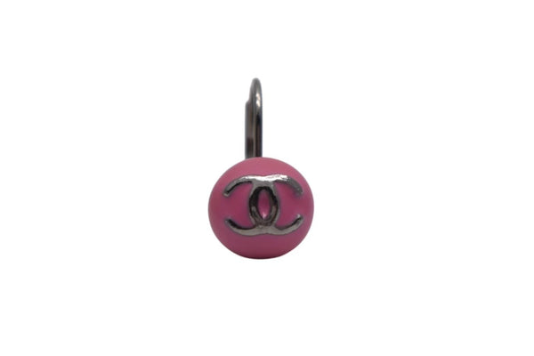 CHANEL Coco Mark Earrings Accessory Button 03C Engraved Metal Silver Pink Good Condition Used 4c075473