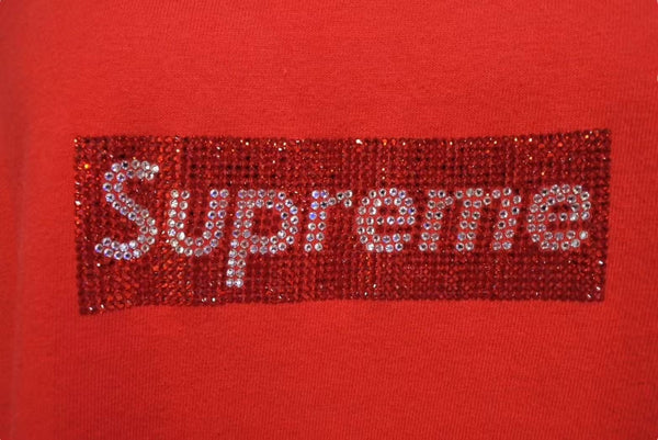 極美品 SUPREME シュプリーム 19SS 25周年 SWAROVSKI BOXLOGOTEE 半袖Tシャツ レッド シルバー スワロフスキー サイズL 中古 4c075509