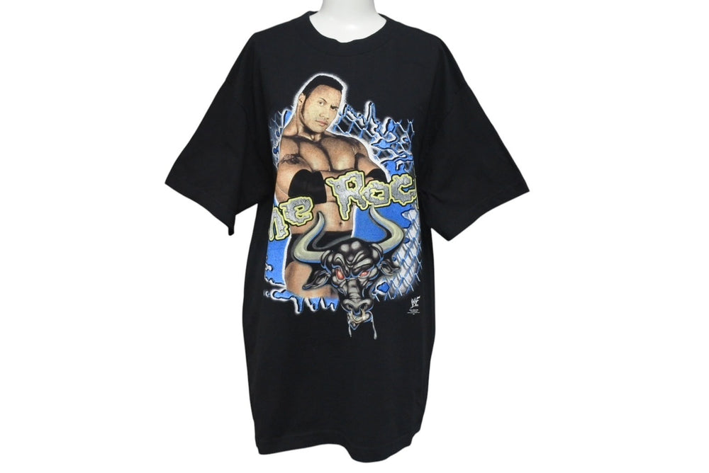 The Rock Vintage WWF Short Sleeve T-shirt Cotton Black Blue Yellow ONE SIZE Good Condition Used 4c075605
