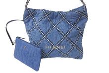 Load image into Gallery viewer, 新品同様 CHANEL シャネル22 デニム チェーンショルダーバッグ ブルー シルバー金具 AS3261 中古 4c075687