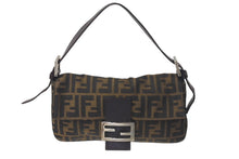 画像をギャラリービューアに読み込む, FENDI フェンディ マンマバケット ワンショルダーバッグ ズッカ柄 コットンキャンバス レザー シルバー金具 ブラウン 美品 中古 4c075869