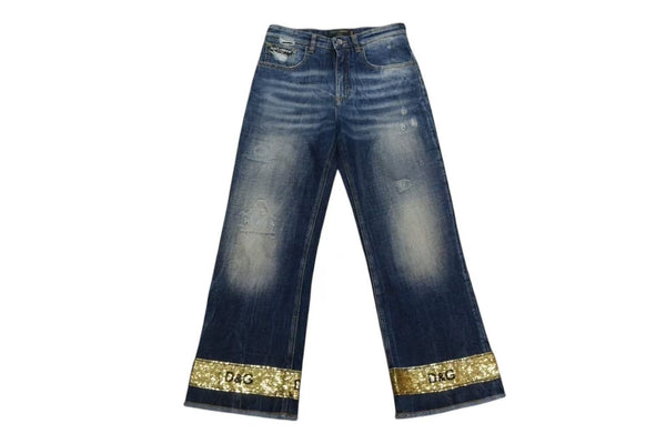 DOLCE&GABBANA Dolce&ガBBANA denim distressed flare pants with sequins, blue and gold, size 38, excellent condition, pre-owned. (4c076239)