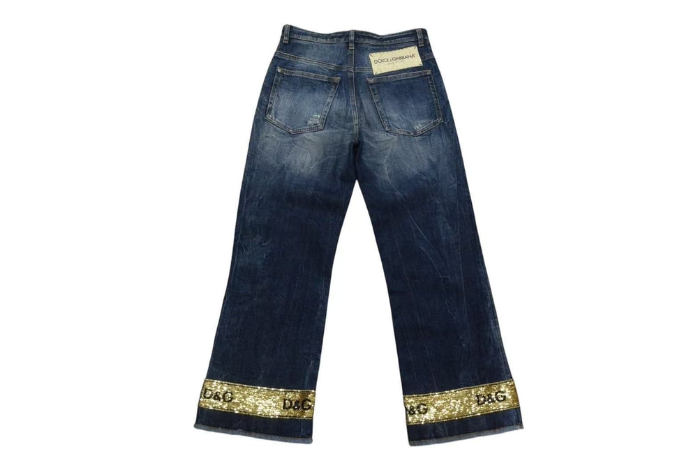 DOLCE&GABBANA ドルチェ&ガッバーナ デニム ダメージ加工 フレアパンツ スパンコール ブルー ゴールド サイズ38 美品 中古 4c076239