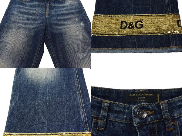 DOLCE&GABBANA Dolce&ガBBANA denim distressed flare pants with sequins, blue and gold, size 38, excellent condition, pre-owned. (4c076239)