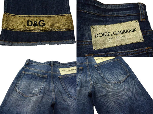 DOLCE&GABBANA Dolce&ガBBANA denim distressed flare pants with sequins, blue and gold, size 38, excellent condition, pre-owned. (4c076239)