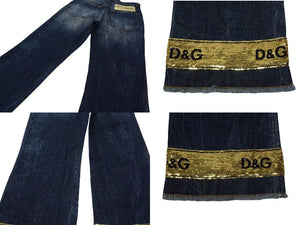 DOLCE&GABBANA Dolce&ガBBANA denim distressed flare pants with sequins, blue and gold, size 38, excellent condition, pre-owned. (4c076239)