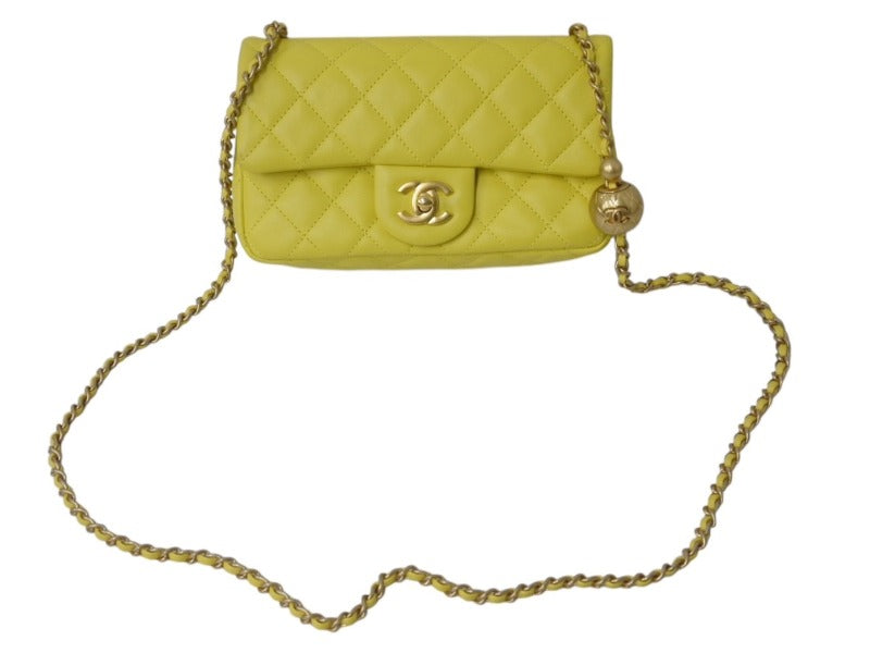 CHANEL Mini Matelasse 20 Coco Ball Chain Shoulder Bag Yellow Lambskin Random Number Gold Hardware Good Condition Used 4c076439