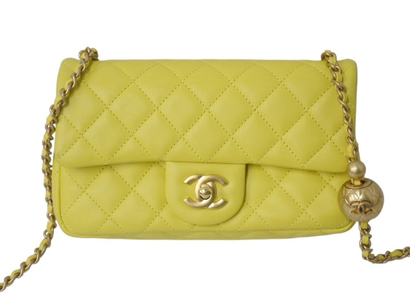CHANEL Mini Matelasse 20 Coco Ball Chain Shoulder Bag Yellow Lambskin Random Number Gold Hardware Good Condition Used 4c076439