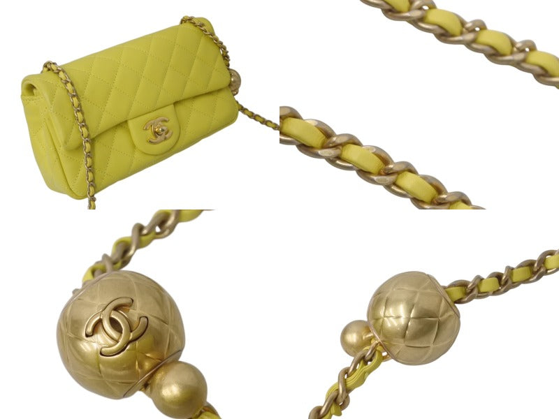 CHANEL Mini Matelasse 20 Coco Ball Chain Shoulder Bag Yellow Lambskin Random Number Gold Hardware Good Condition Used 4c076439