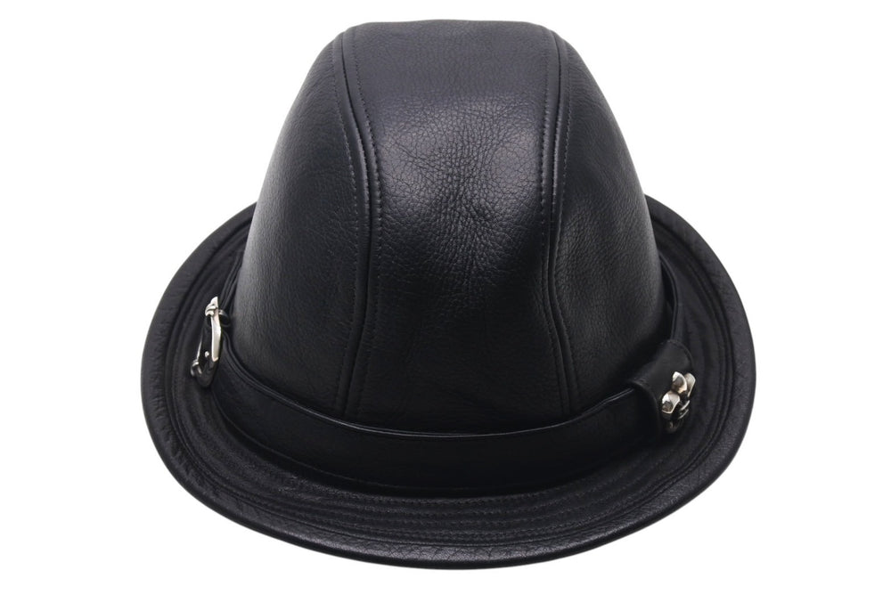 CHROME HEARTS クロムハーツ フェドラ レザーハット 帽子 サイズM ガンスリンガーベルト BSフレア ブラック シルバ−925 美品 中古 4c076567