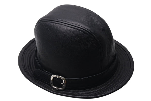 CHROME HEARTS クロムハーツ フェドラ レザーハット 帽子 サイズM ガンスリンガーベルト BSフレア ブラック シルバ−925 美品 中古 4c076567