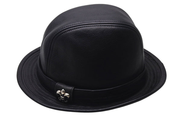 CHROME HEARTS クロムハーツ フェドラ レザーハット 帽子 サイズM ガンスリンガーベルト BSフレア ブラック シルバ−925 美品 中古 4c076567