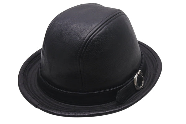 CHROME HEARTS クロムハーツ フェドラ レザーハット 帽子 サイズM ガンスリンガーベルト BSフレア ブラック シルバ−925 美品 中古 4c076567