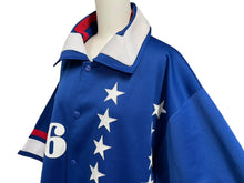 Load image into Gallery viewer, mitchell&amp;ness ミッチェルアンドネス 76ers 半袖シャツ シクサーズ スター 星 ブルー ポリエステル サイズ52 美品 中古 4c069664