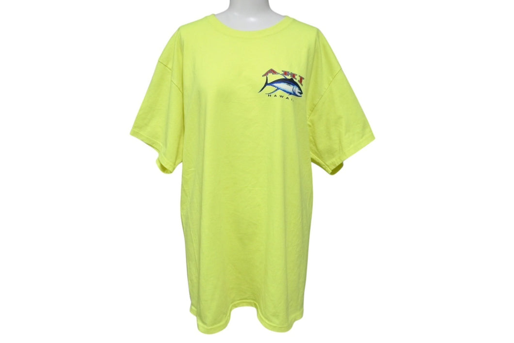 HANES ヘインズ Ahi Hawaii ツナ 半袖Tシャツ トップス 蛍光イエロー コットン サイズL 美品 中古 4c069876