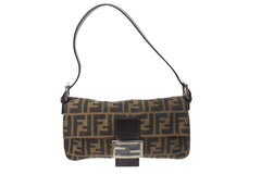 Very good condition FENDI Mamma Bucket One Shoulder Bag Zucca Pattern Cotton Canvas Leather Silver Hardware Brown Used 4c070254