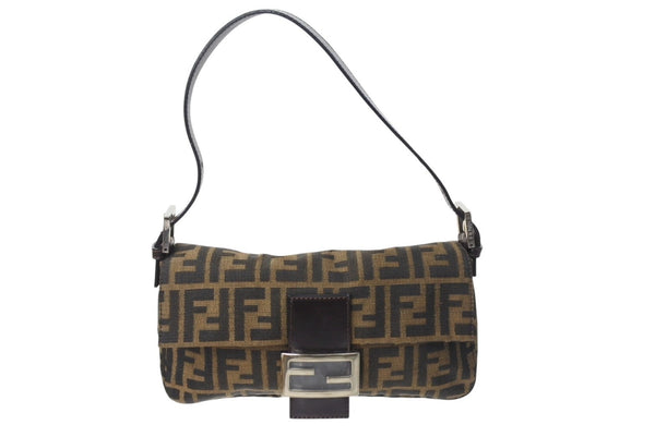 Very good condition FENDI Mamma Bucket One Shoulder Bag Zucca Pattern Cotton Canvas Leather Silver Hardware Brown Used 4c070254