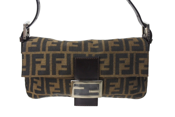 Very good condition FENDI Mamma Bucket One Shoulder Bag Zucca Pattern Cotton Canvas Leather Silver Hardware Brown Used 4c070254