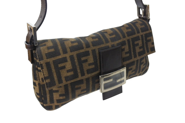 Very good condition FENDI Mamma Bucket One Shoulder Bag Zucca Pattern Cotton Canvas Leather Silver Hardware Brown Used 4c070254