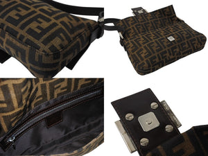 Very good condition FENDI Mamma Bucket One Shoulder Bag Zucca Pattern Cotton Canvas Leather Silver Hardware Brown Used 4c070254