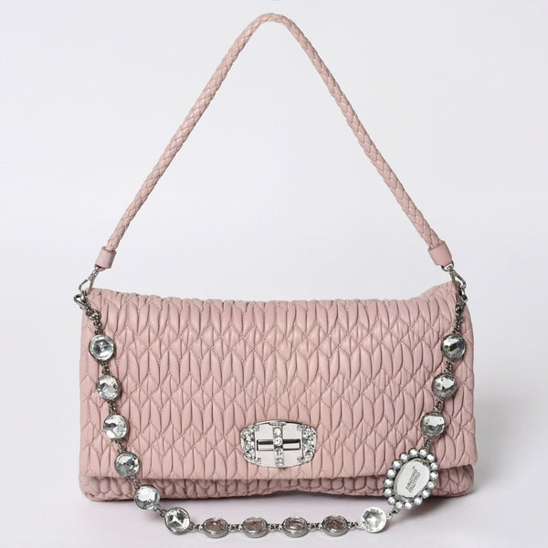 Very good condition MIUMIU Matelasse one shoulder bag RP0233 Nappa leather Bijou chain Pink Silver hardware Used 4a000514