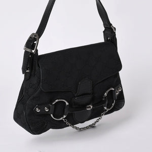 GUCCI Gucci Horsebit Hobo Handbag 120984 GG Canvas Leather Black Silver Hardware Good Condition Used 4a000401