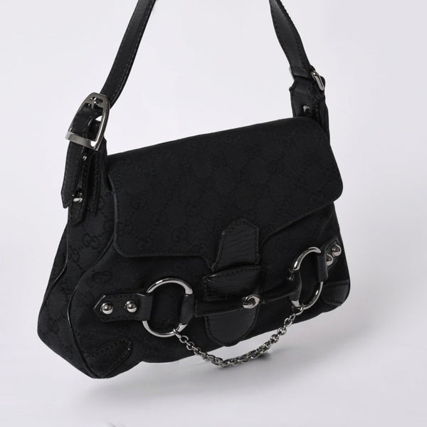 GUCCI Gucci Horsebit Hobo Handbag 120984 GG Canvas Leather Black Silver Hardware Good Condition Used 4a000401