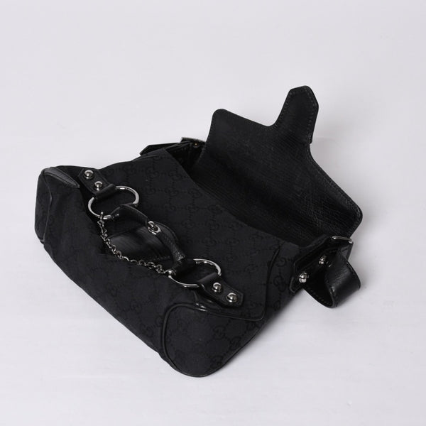 GUCCI Gucci Horsebit Hobo Handbag 120984 GG Canvas Leather Black Silver Hardware Good Condition Used 4a000401