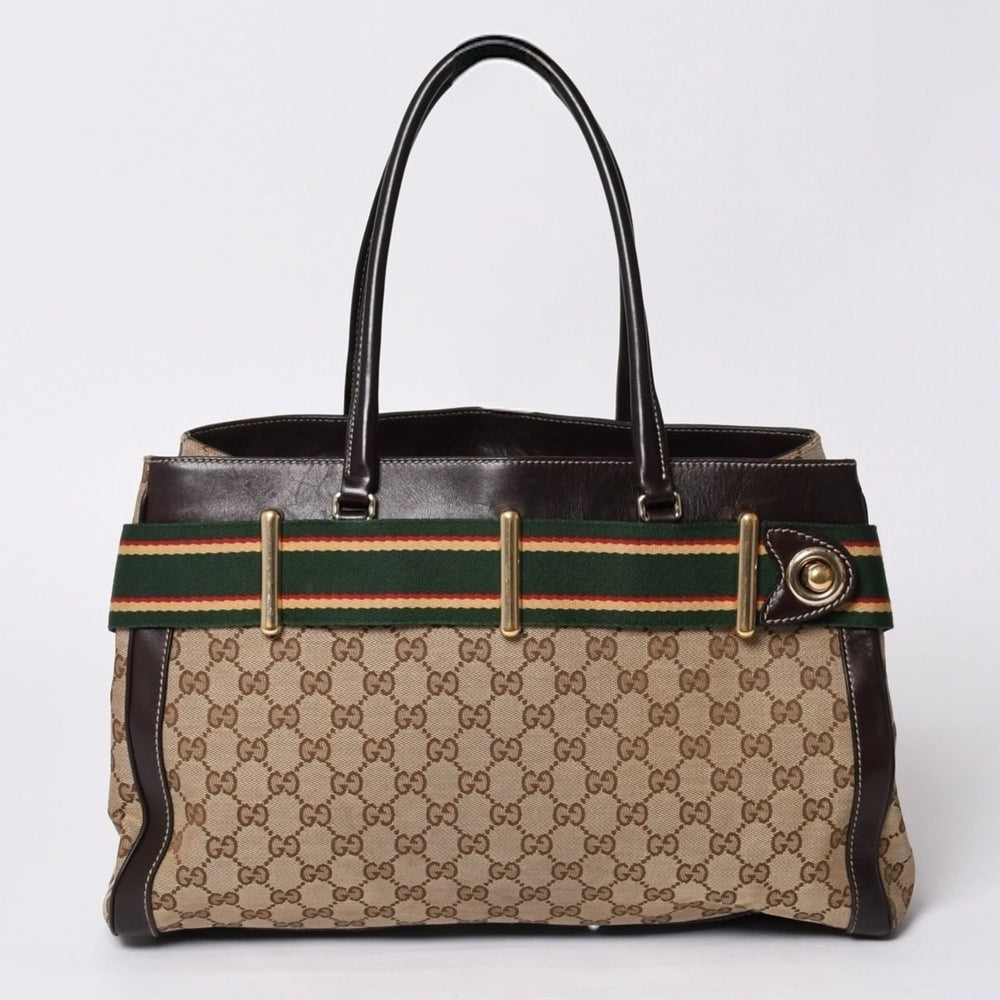 GUCCI グッチ ワンショルダー ハンドバッグ 162873 205027 GGキャンバス シェリーライン レザー ブラウン 美品 中古 4a000209