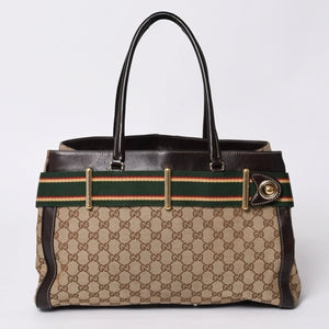 GUCCI グッチ ワンショルダー ハンドバッグ 162873 205027 GGキャンバス シェリーライン レザー ブラウン 美品 中古 4a000209