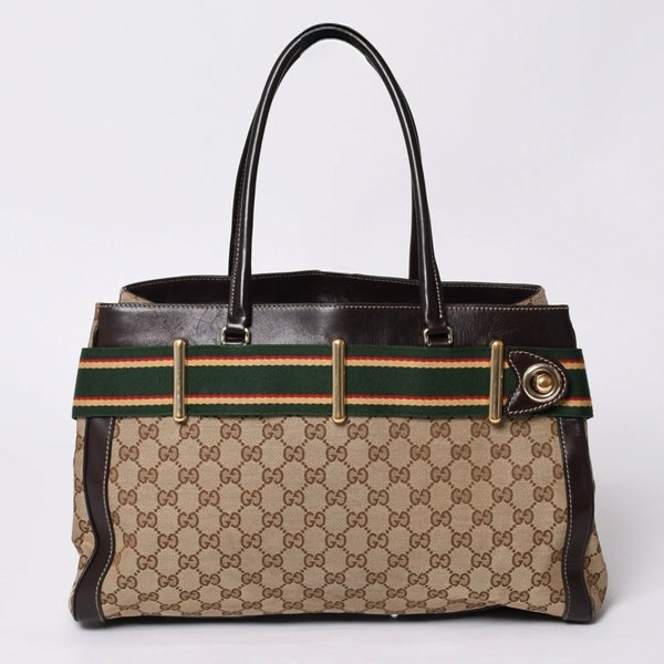 GUCCI グッチ ワンショルダー ハンドバッグ 162873 205027 GGキャンバス シェリーライン レザー ブラウン 美品 中古 4a000209