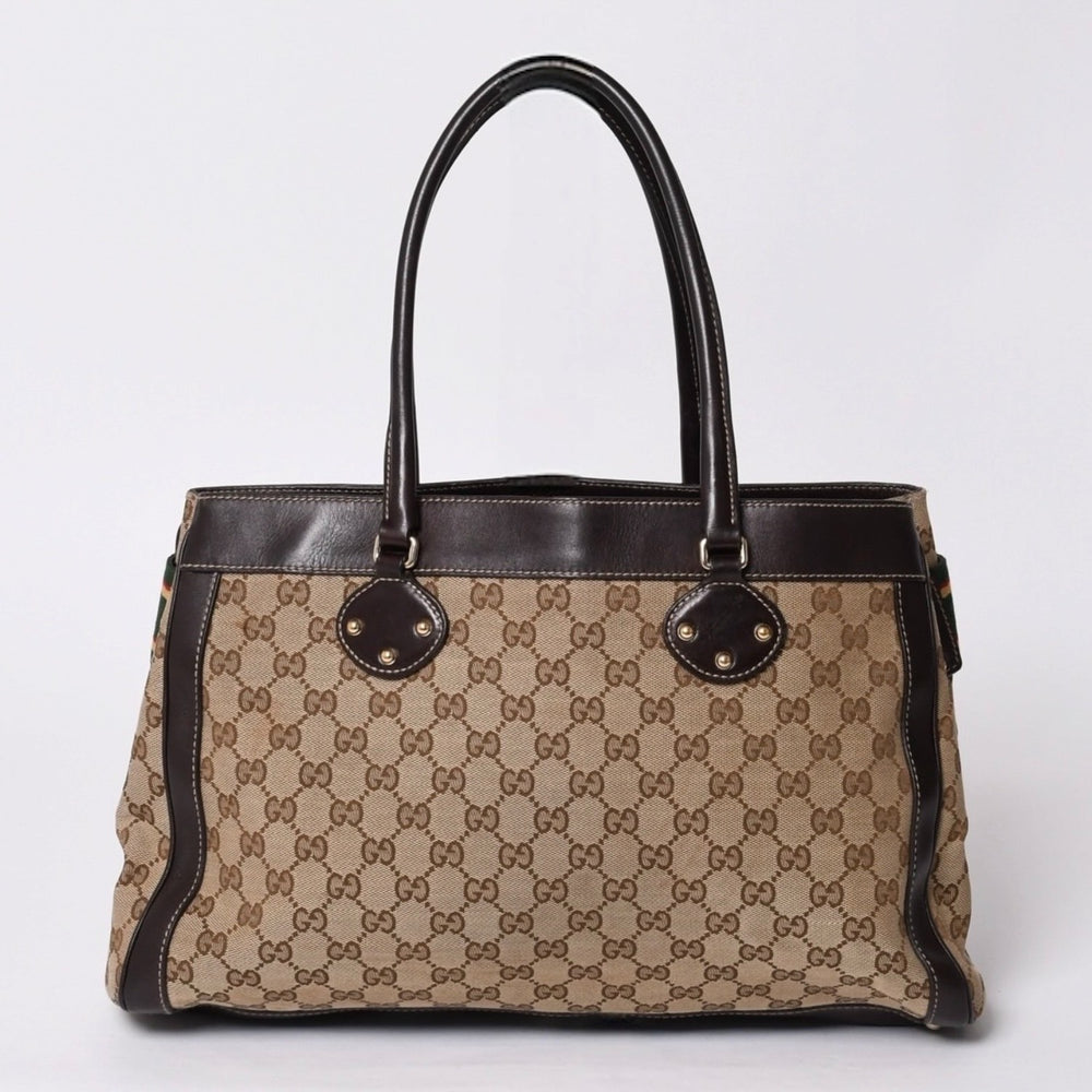 GUCCI グッチ ワンショルダー ハンドバッグ 162873 205027 GGキャンバス シェリーライン レザー ブラウン 美品 中古 4a000209