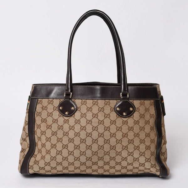 GUCCI グッチ ワンショルダー ハンドバッグ 162873 205027 GGキャンバス シェリーライン レザー ブラウン 美品 中古 4a000209
