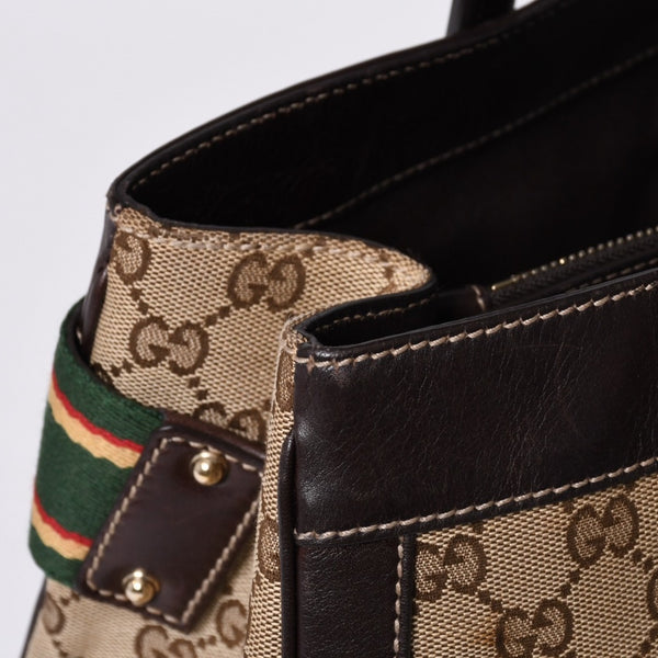 GUCCI グッチ ワンショルダー ハンドバッグ 162873 205027 GGキャンバス シェリーライン レザー ブラウン 美品 中古 4a000209