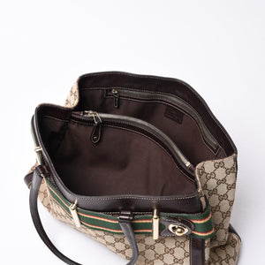 GUCCI グッチ ワンショルダー ハンドバッグ 162873 205027 GGキャンバス シェリーライン レザー ブラウン 美品 中古 4a000209