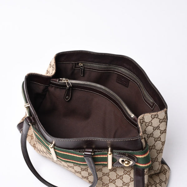 GUCCI グッチ ワンショルダー ハンドバッグ 162873 205027 GGキャンバス シェリーライン レザー ブラウン 美品 中古 4a000209