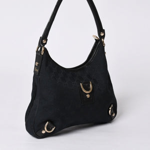 Very Good Condition GUCCI Gucci Hobo One Shoulder Handbag 130738 214397 GG Canvas Leather Black Gold Hardware Used 4a000212