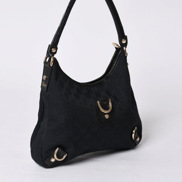 Very Good Condition GUCCI Gucci Hobo One Shoulder Handbag 130738 214397 GG Canvas Leather Black Gold Hardware Used 4a000212