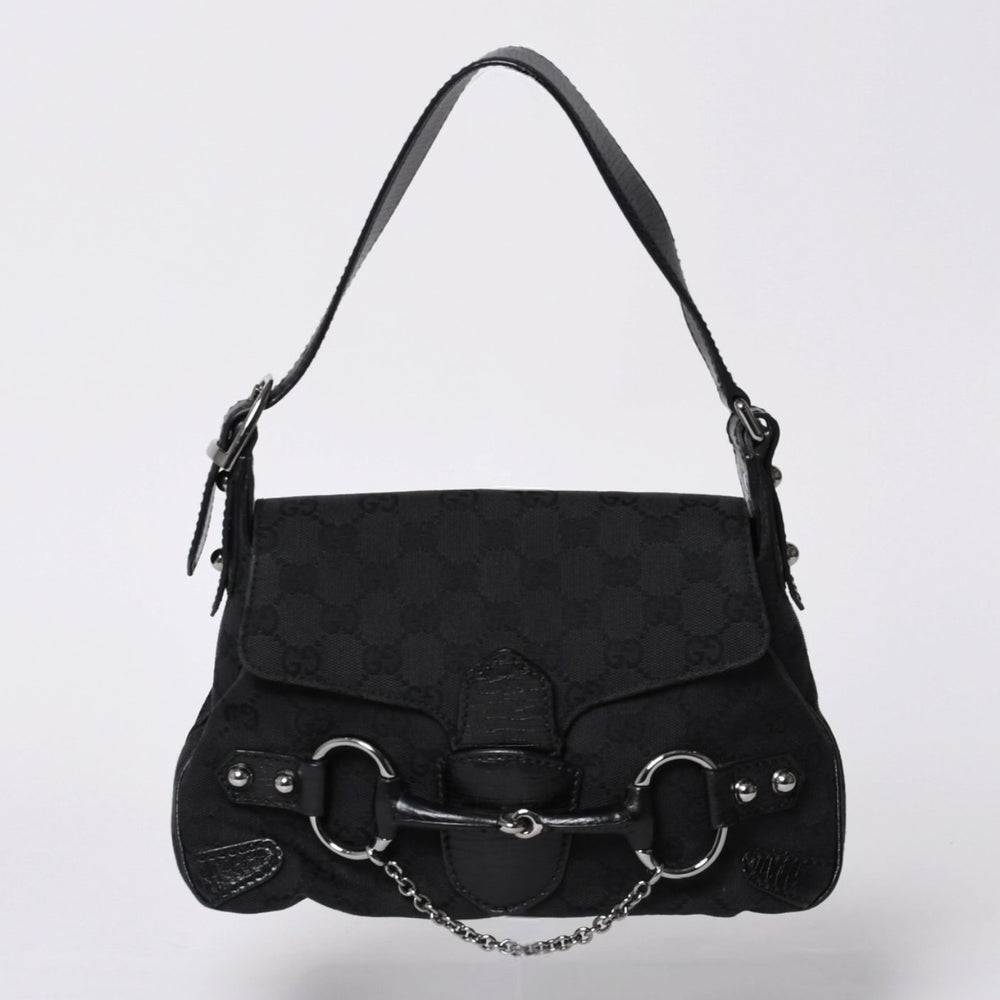 GUCCI グッチ ホースビット ホーボー ハンドバッグ 120984 GGキャンバス レザー ブラック シルバー金具 美品 中古 4a000401
