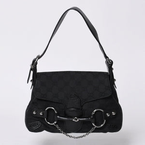 GUCCI Gucci Horsebit Hobo Handbag 120984 GG Canvas Leather Black Silver Hardware Good Condition Used 4a000401
