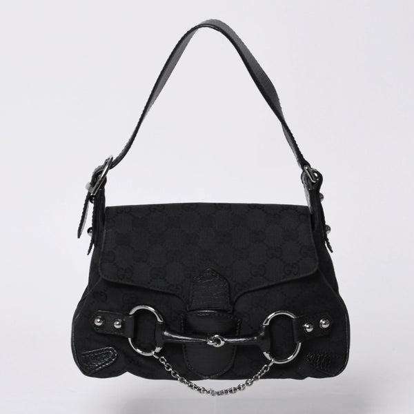 GUCCI Gucci Horsebit Hobo Handbag 120984 GG Canvas Leather Black Silver Hardware Good Condition Used 4a000401