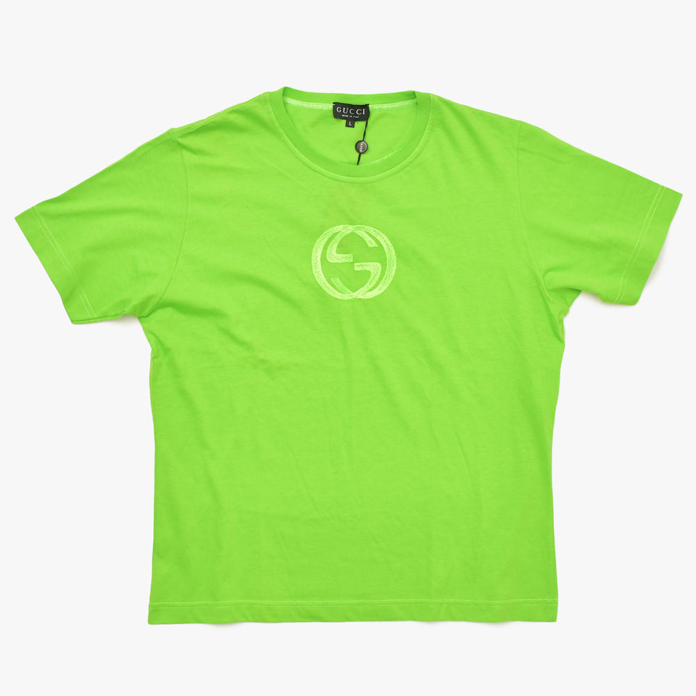 New and unused GUCCI Gucci Interlocking G Embroidered Cotton Jersey T-shirt 1155 Bright Green Cut and Sewn L Size Used 4a005057