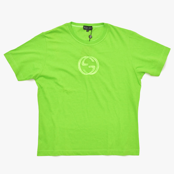 New and unused GUCCI Gucci Interlocking G Embroidered Cotton Jersey T-shirt 1155 Bright Green Cut and Sewn L Size Used 4a005057